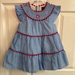 Blue Gingham Dress with Red Star Accents